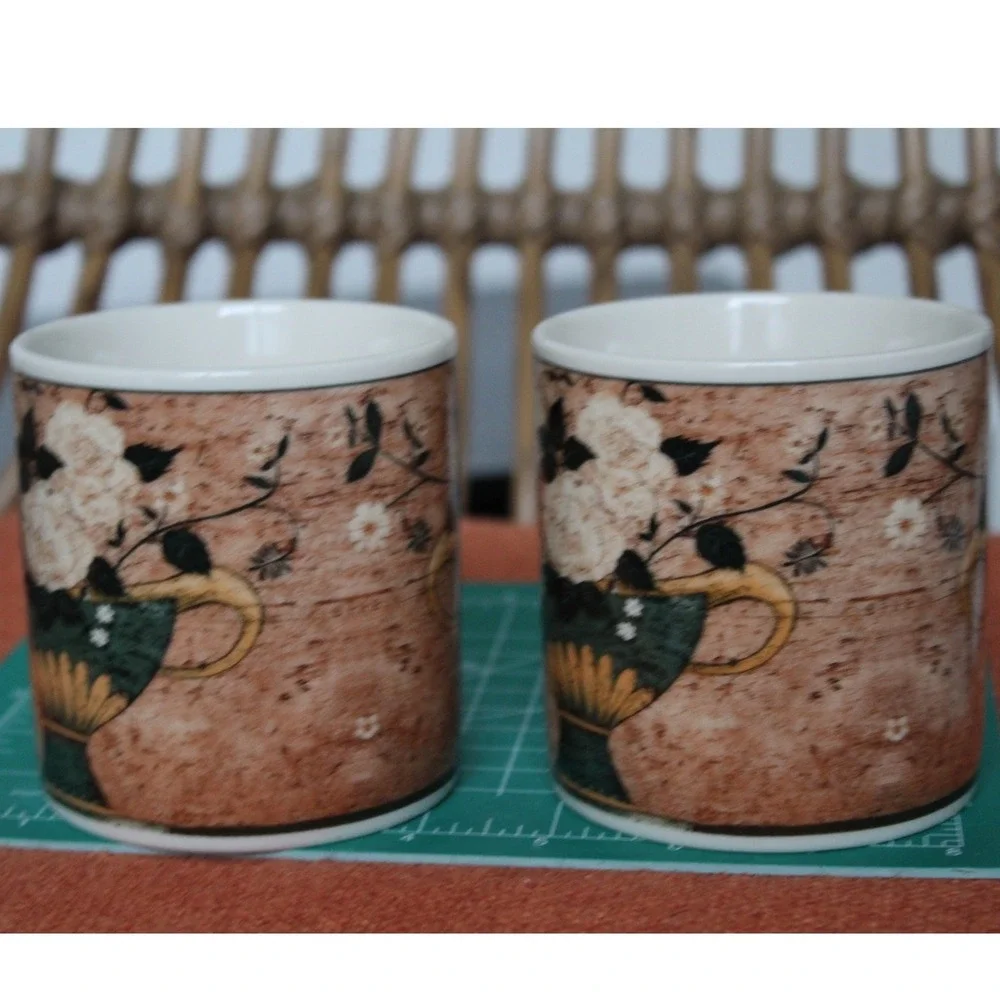 Sakura Warren Kimble White Roses Coffee Mugs Set of 2 Vintage 1997 Floral Brown - Picture 3 of 10